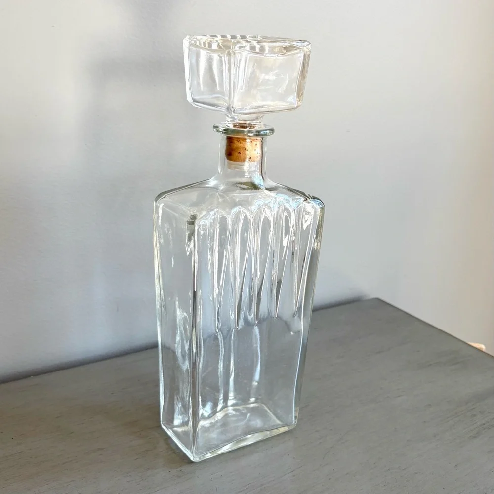 VTG 60s Heavy Clear Glass Liquor Bottle Decanter Vase Decor w/ Cork Stopper 11